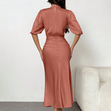 Women'S Short Sleeve Mock Neck Ruched Midi Dress Slim Fit Elegant Party Dress