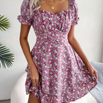 Women Mini Dress Temperament Big Swing Loose Hem Flower Print Shirring Dress up Short Sleeves High Waist Summer Dress Clothes