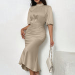 Women'S Short Sleeve Mock Neck Ruched Midi Dress Slim Fit Elegant Party Dress