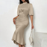 Women'S Short Sleeve Mock Neck Ruched Midi Dress Slim Fit Elegant Party Dress