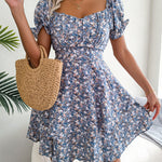 Women Mini Dress Temperament Big Swing Loose Hem Flower Print Shirring Dress up Short Sleeves High Waist Summer Dress Clothes