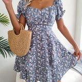 Women Mini Dress Temperament Big Swing Loose Hem Flower Print Shirring Dress up Short Sleeves High Waist Summer Dress Clothes