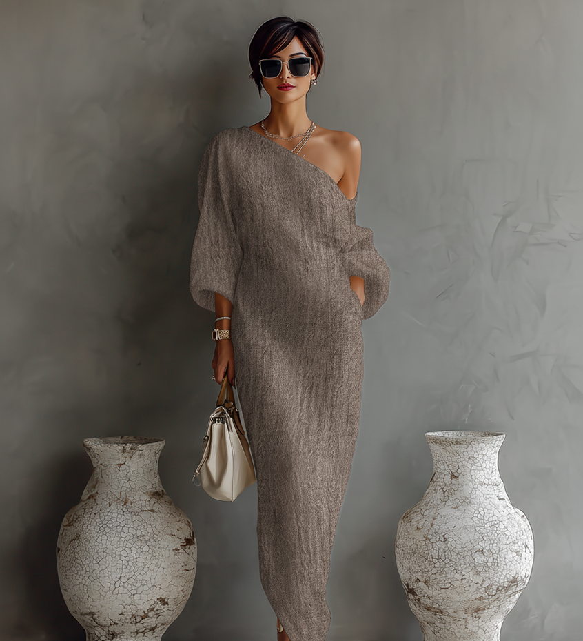 Elegantné off-shoulder šaty z bavlnenej-lenovej zmesi v slonovinovej farbe s voľným strihom