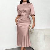 Women'S Short Sleeve Mock Neck Ruched Midi Dress Slim Fit Elegant Party Dress