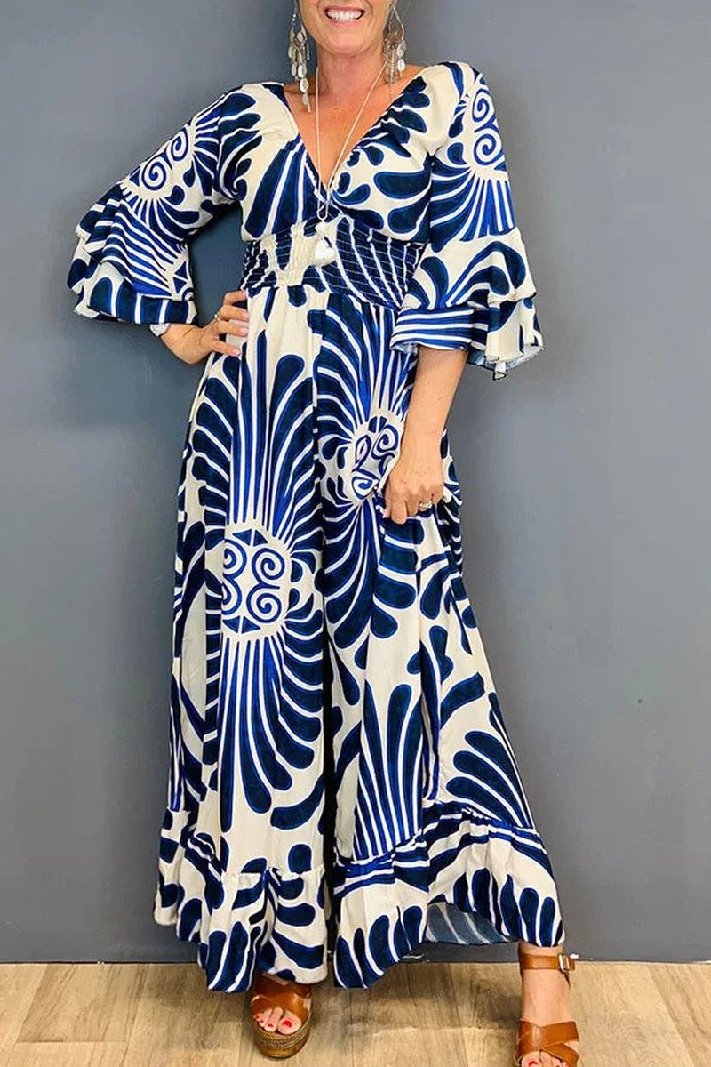 Autumn Lotus Leaf Long Sleeve V-Neck Printed Long High Waist Jumpsuit