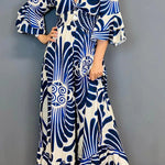 Autumn Lotus Leaf Long Sleeve V-Neck Printed Long High Waist Jumpsuit