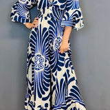 Autumn Lotus Leaf Long Sleeve V-Neck Printed Long High Waist Jumpsuit