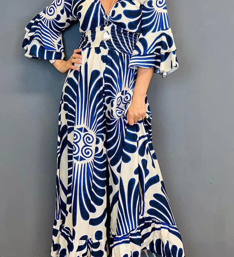 Autumn Lotus Leaf Long Sleeve V-Neck Printed Long High Waist Jumpsuit