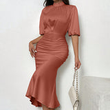 Women'S Short Sleeve Mock Neck Ruched Midi Dress Slim Fit Elegant Party Dress