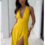 Sexy Halterneck V-Neck Slit Dress Summer Backless Strappy Skirt Fashion Temperament Clothing Women