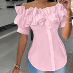 Women'S Solid Color Off-Shoulder Ruffled Blouse - Waist Button-Down Shirt for Vacation & Daily Wear