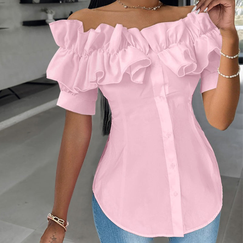 Women'S Solid Color Off-Shoulder Ruffled Blouse - Waist Button-Down Shirt for Vacation & Daily Wear