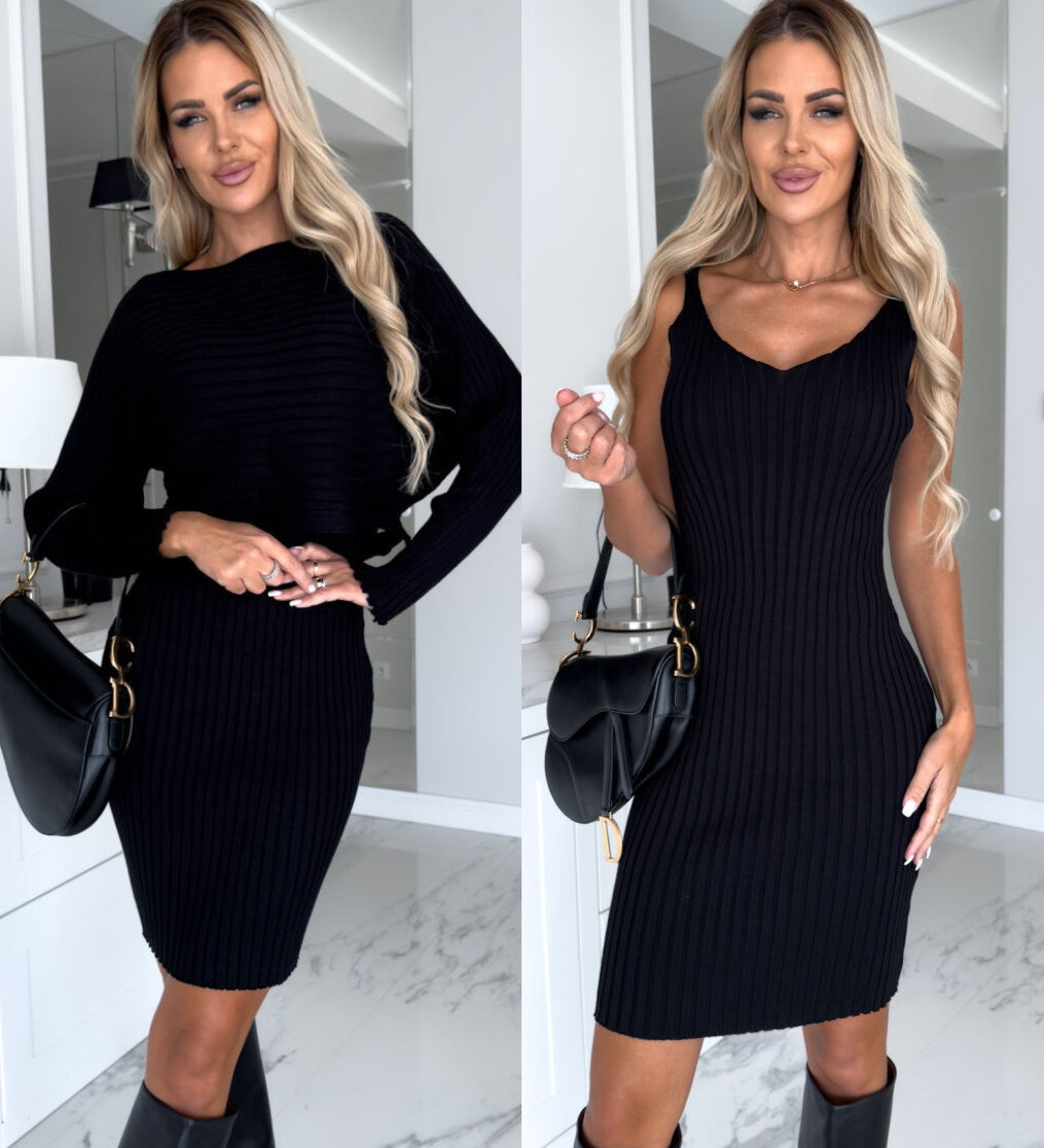 2Pcs Suit Women'S Solid Stripe Long-Sleeved Top and Tight Suspender Skirt Fashion Autumn Winter Slim Clothing