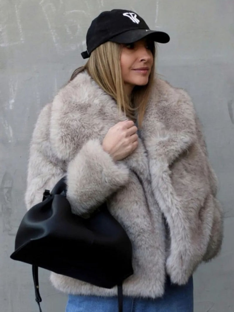 Winter Plush Coat Fashion Warm Thicken Fluffy Lapel Jacket Outwear Casual Long Sleeve Tops Womens Clothing