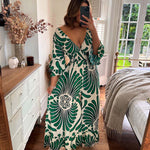Autumn Lotus Leaf Long Sleeve V-Neck Printed Long High Waist Jumpsuit