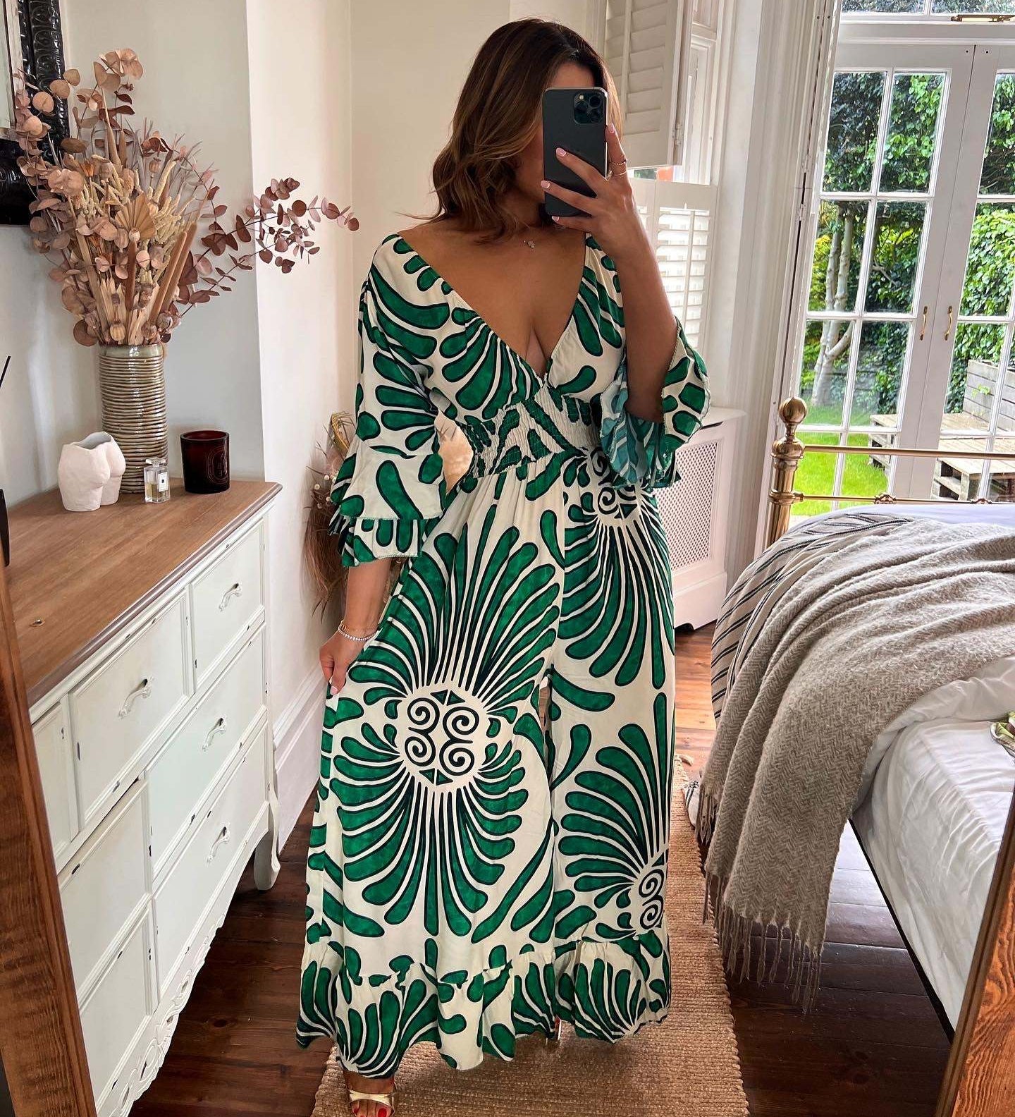 Autumn Lotus Leaf Long Sleeve V-Neck Printed Long High Waist Jumpsuit