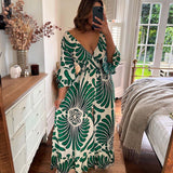Autumn Lotus Leaf Long Sleeve V-Neck Printed Long High Waist Jumpsuit