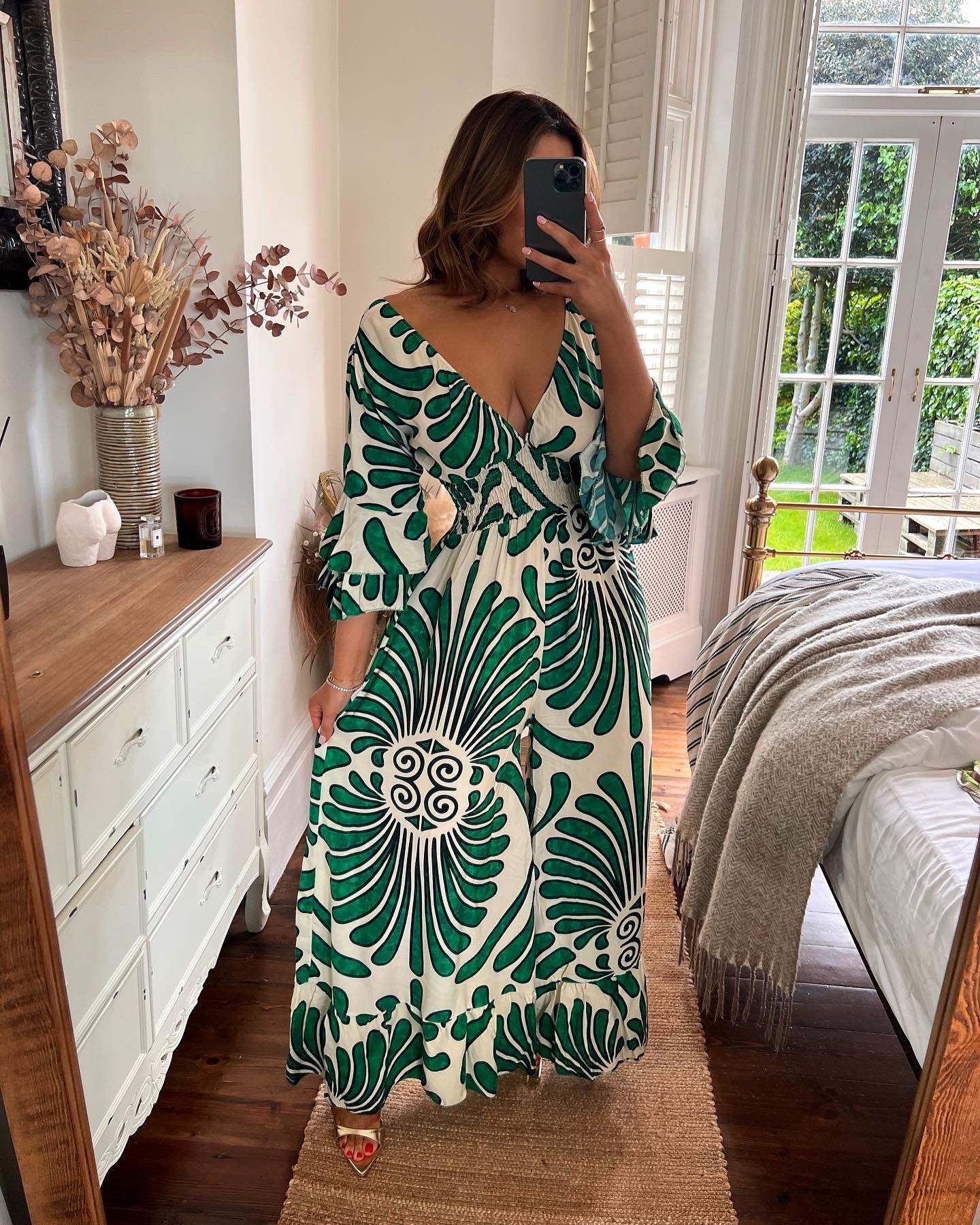 Autumn Lotus Leaf Long Sleeve V-Neck Printed Long High Waist Jumpsuit