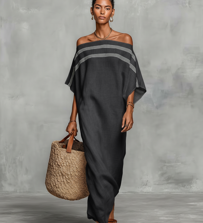 Maxi minimalistické dámske ľanové šaty s off-shoulder výstrihom a netopierími rukávmi