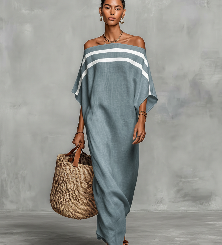 Maxi minimalistické dámske ľanové šaty s off-shoulder výstrihom a netopierími rukávmi
