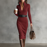 Pletené midi šaty pre dámy s dlhými rukávmi, V-výstrihom a polovičným rolákom, Slim Fit