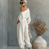 Off-White dámsky ľanový set s off-shoulder topom a tapered nohavicami
