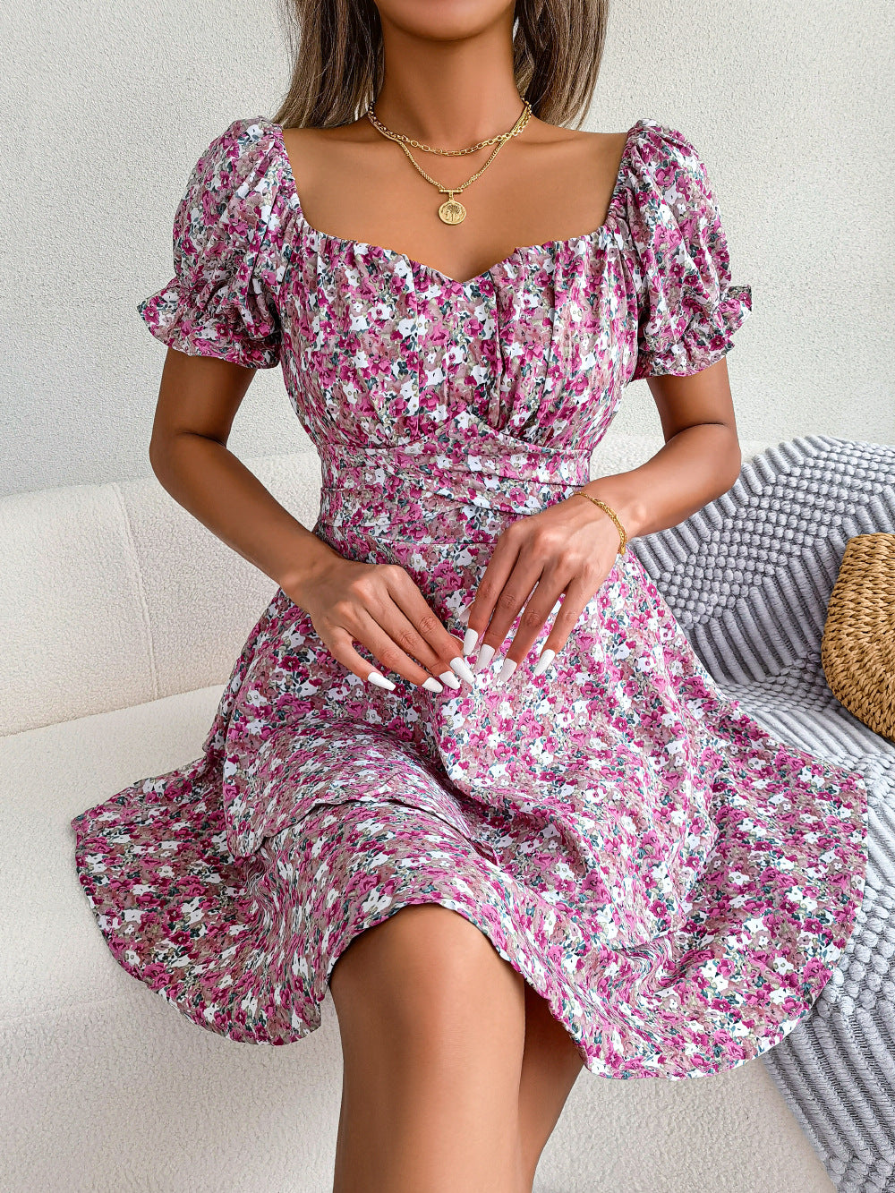 Women Mini Dress Temperament Big Swing Loose Hem Flower Print Shirring Dress up Short Sleeves High Waist Summer Dress Clothes