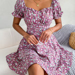 Women Mini Dress Temperament Big Swing Loose Hem Flower Print Shirring Dress up Short Sleeves High Waist Summer Dress Clothes
