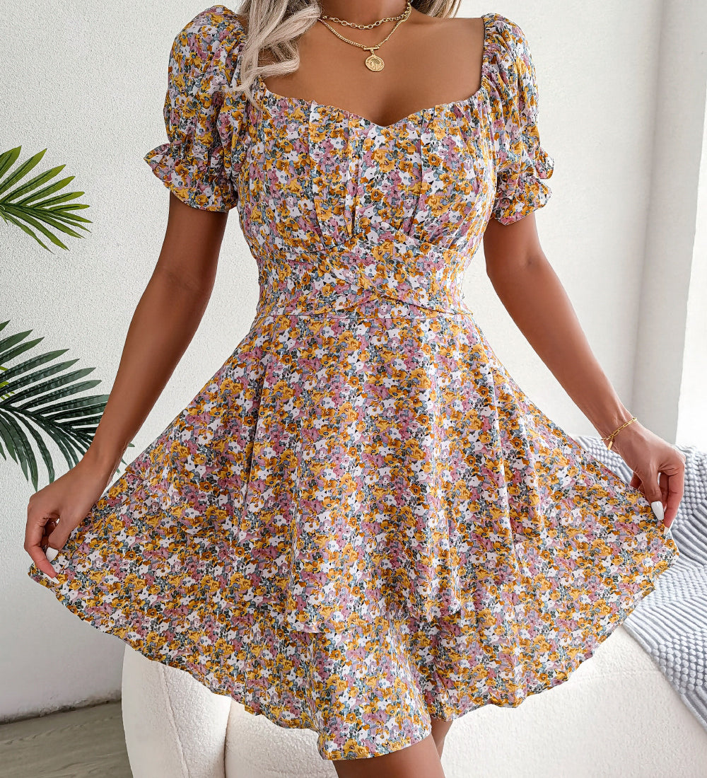 Women Mini Dress Temperament Big Swing Loose Hem Flower Print Shirring Dress up Short Sleeves High Waist Summer Dress Clothes
