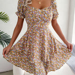 Women Mini Dress Temperament Big Swing Loose Hem Flower Print Shirring Dress up Short Sleeves High Waist Summer Dress Clothes