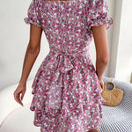 Women Mini Dress Temperament Big Swing Loose Hem Flower Print Shirring Dress up Short Sleeves High Waist Summer Dress Clothes