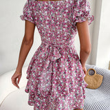 Women Mini Dress Temperament Big Swing Loose Hem Flower Print Shirring Dress up Short Sleeves High Waist Summer Dress Clothes