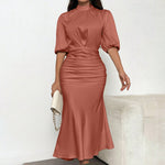 Women'S Short Sleeve Mock Neck Ruched Midi Dress Slim Fit Elegant Party Dress
