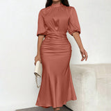 Women'S Short Sleeve Mock Neck Ruched Midi Dress Slim Fit Elegant Party Dress