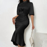 Women'S Short Sleeve Mock Neck Ruched Midi Dress Slim Fit Elegant Party Dress