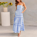 Summer Striped Printed Suspender Long Dress with Pockets Fashion Square Neck Backless Dresses for Beach Vacation Women Clothing