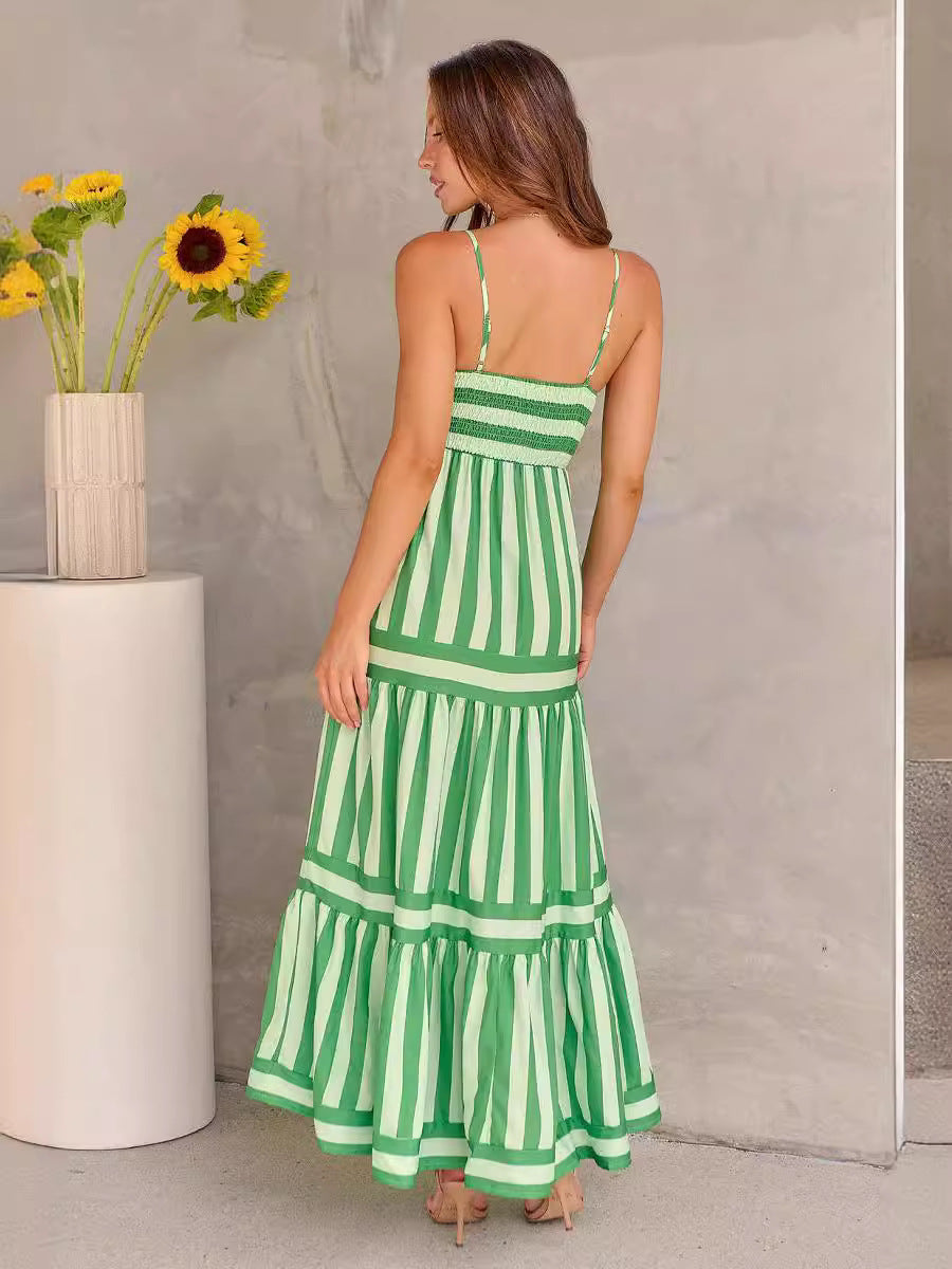Summer Striped Printed Suspender Long Dress with Pockets Fashion Square Neck Backless Dresses for Beach Vacation Women Clothing