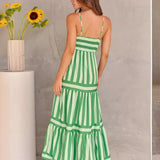 Summer Striped Printed Suspender Long Dress with Pockets Fashion Square Neck Backless Dresses for Beach Vacation Women Clothing
