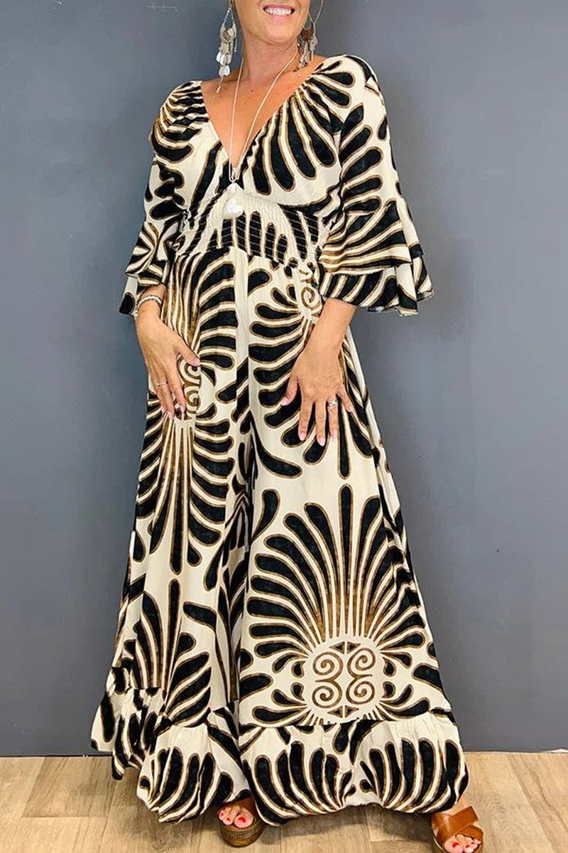 Autumn Lotus Leaf Long Sleeve V-Neck Printed Long High Waist Jumpsuit
