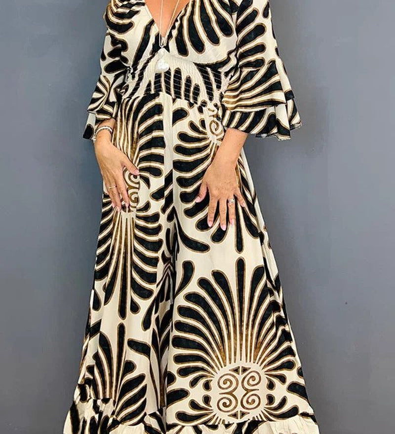 Autumn Lotus Leaf Long Sleeve V-Neck Printed Long High Waist Jumpsuit