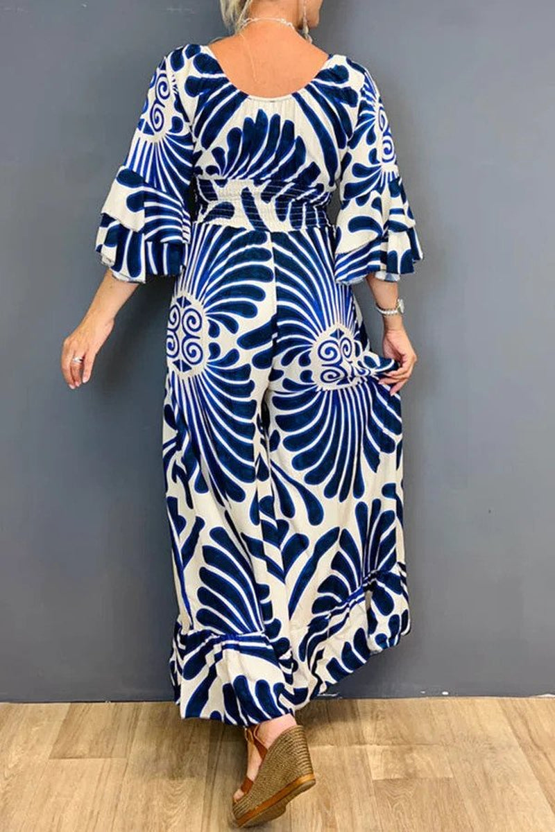 Autumn Lotus Leaf Long Sleeve V-Neck Printed Long High Waist Jumpsuit