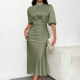Women'S Short Sleeve Mock Neck Ruched Midi Dress Slim Fit Elegant Party Dress