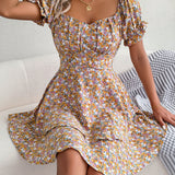 Women Mini Dress Temperament Big Swing Loose Hem Flower Print Shirring Dress up Short Sleeves High Waist Summer Dress Clothes