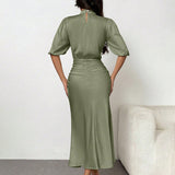 Women'S Short Sleeve Mock Neck Ruched Midi Dress Slim Fit Elegant Party Dress