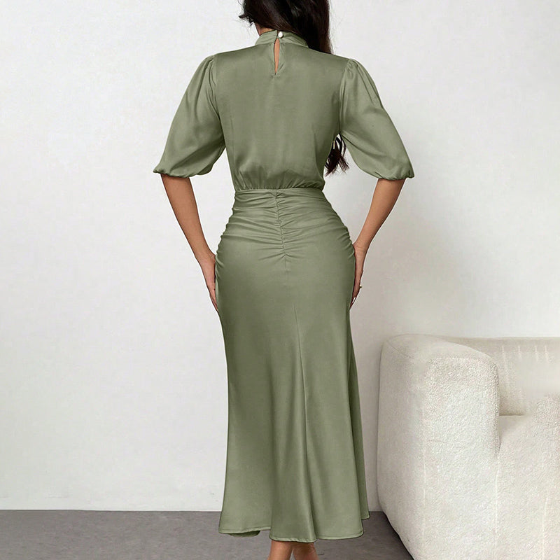 Women'S Short Sleeve Mock Neck Ruched Midi Dress Slim Fit Elegant Party Dress