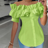 Women'S Solid Color Off-Shoulder Ruffled Blouse - Waist Button-Down Shirt for Vacation & Daily Wear