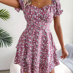 Women Mini Dress Temperament Big Swing Loose Hem Flower Print Shirring Dress up Short Sleeves High Waist Summer Dress Clothes