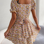 Women Mini Dress Temperament Big Swing Loose Hem Flower Print Shirring Dress up Short Sleeves High Waist Summer Dress Clothes