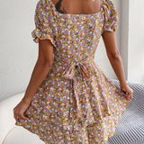 Women Mini Dress Temperament Big Swing Loose Hem Flower Print Shirring Dress up Short Sleeves High Waist Summer Dress Clothes