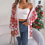 Christmas Clothes Women'S Open Front Cardigan Knitwear Lantern Sleeve Xmas Printed Oversized Deer Sweater Pockets Knitted